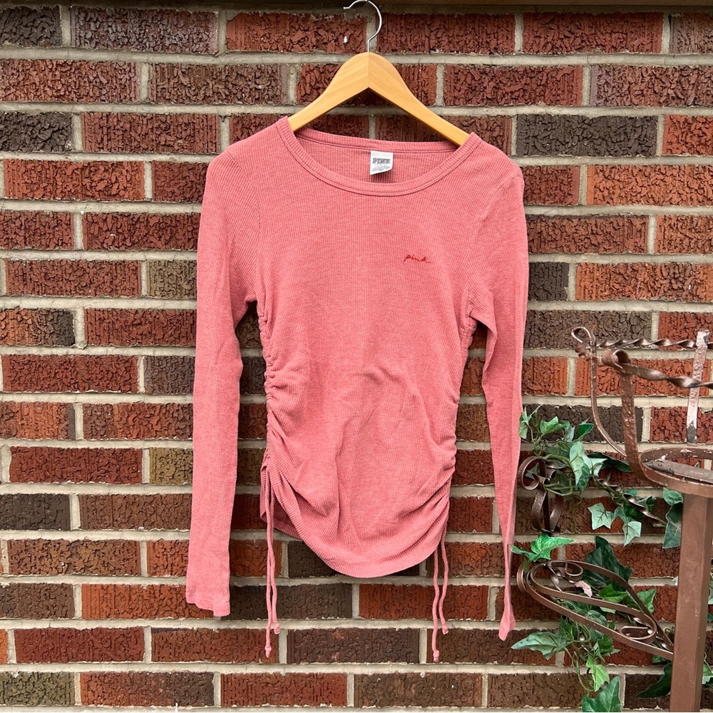 PINK Victoria’s Secret Light Pink Waffle Knit Long Sleeve Drawstring Side Top